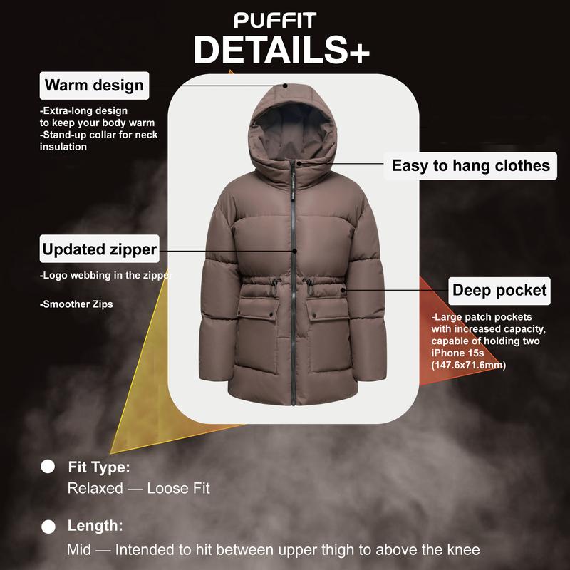 PUFFIT Women Mid Length Puffer Jacket Hood Winter, Mid Length Ladies Outwear Coat Big Pocket with Waist Drawcord Go.G.G