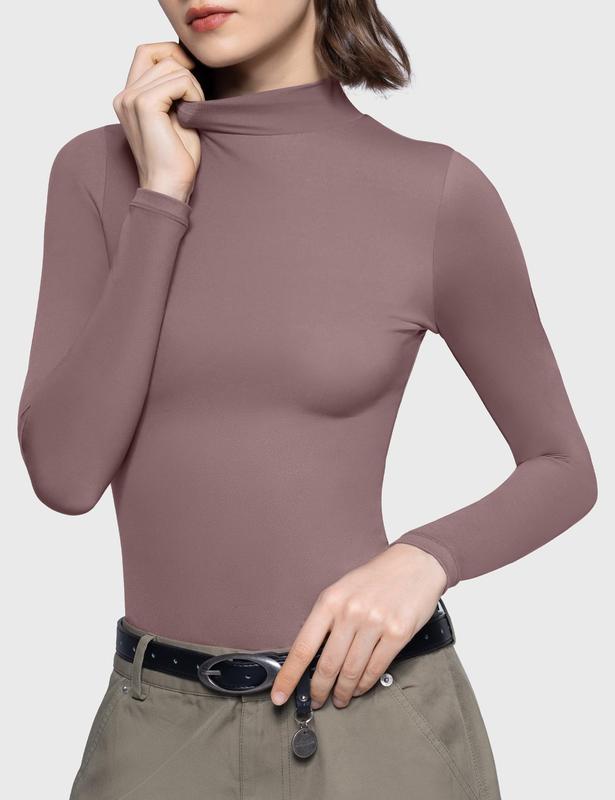 PUMIEY Women's Long Sleeve T Shirts look Mock Turtleneck Slim Fit Tops Sexy Basic Tee Womenswear Underwear Lady Tshirt Streetwear Skinny Longsleeves Comfort T-Shirt compression tee