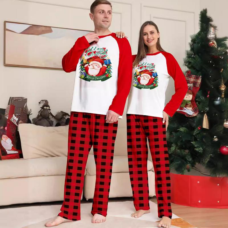 Red Christmas Pajamas For Family Santa Print Long Sleeve Round Neck Tops Romper Plaid Trousers