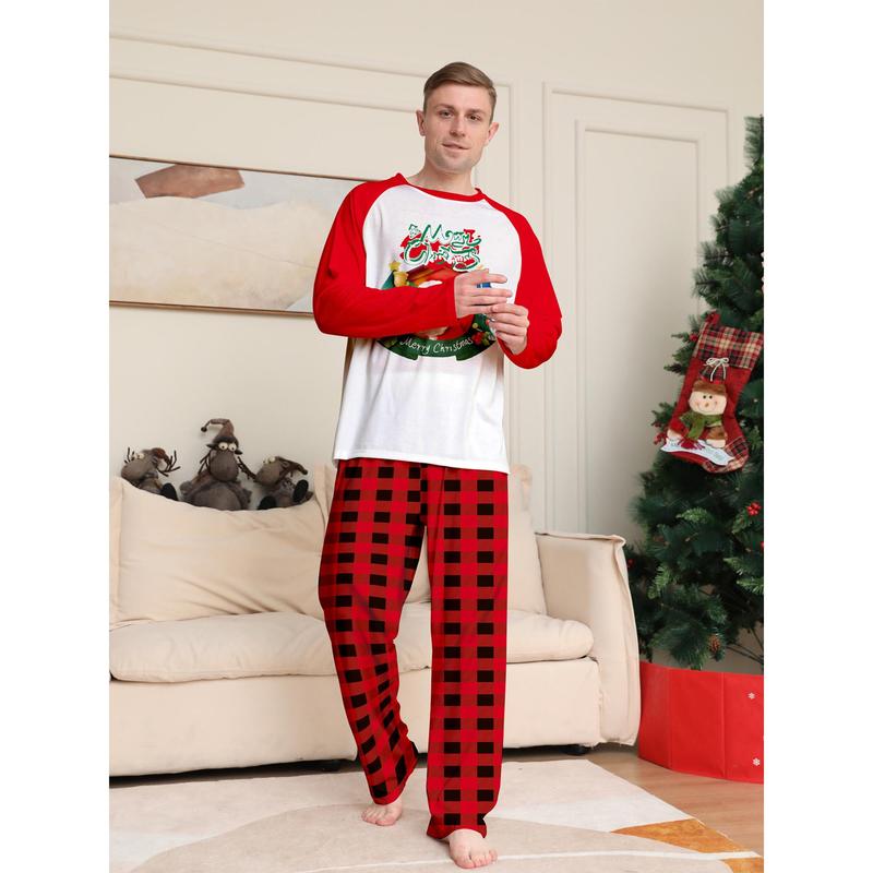 Red Christmas Pajamas For Family Santa Print Long Sleeve Round Neck Tops Romper Plaid Trousers