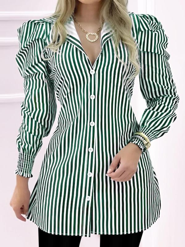 Women's Striped Print Button Front Long Sleeve Blouse, Casual Puff Sleeve Collar Top for Summer, Fashion Women's Clothing for Daily Wear