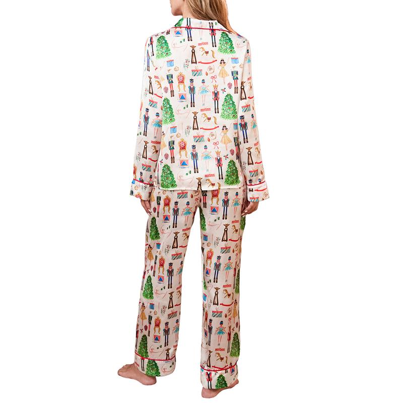 Women's two-piece pajama set long-sleeved lapel Christmas pattern print button-down shirt with free pants Loungewear Nightwear