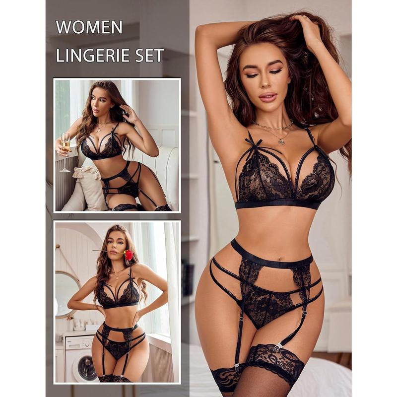 Women's Lingerie Set Lace Suspender Babydoll Bodysuit with Garter Belt