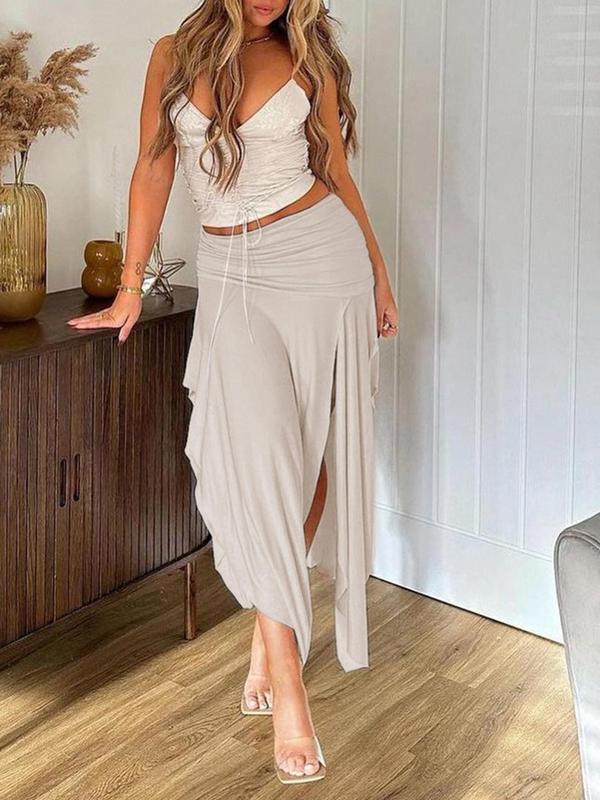 Women's Plain Ruched Asymmetrical Hem Skirt, Elegant Wrap Split Midi Skirt, Fashion Women's Summer Bottoms for Daily Wear