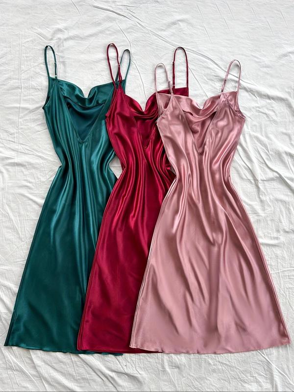 Women's Solid Backless Split Thigh Satin Cami Nightdress, Adjustable Spaghetti Strap Nightgown, Women Nightwear, Women's Sleepwear for Fall & Winter