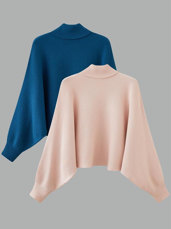 Women's Solid Color Batwing Sleeve Turtleneck Sweater, Casual Long Sleeve Jumper for Fall & Winter, Fashion Ladies' Knitwear for Daily Wear