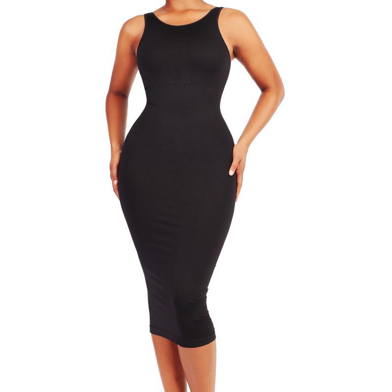 Soo slick Tummy control waist snatching Midi dress with removable padding I Shapewear dress with reversible neckline bodyshaper high neck and scoop neck | sleeveless sculpting bodycone Womenswear Underwear Lady Compression Comfort Basic Minimalist