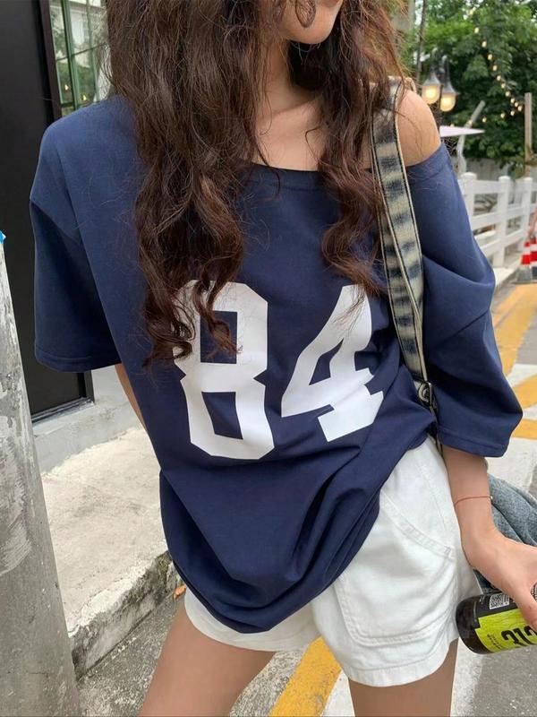 Women's Number Print Round Neck Tee, Casual Drop Shoulder Half Sleeve T-shirt for Summer, Fashion Women's Top for Daily Wear