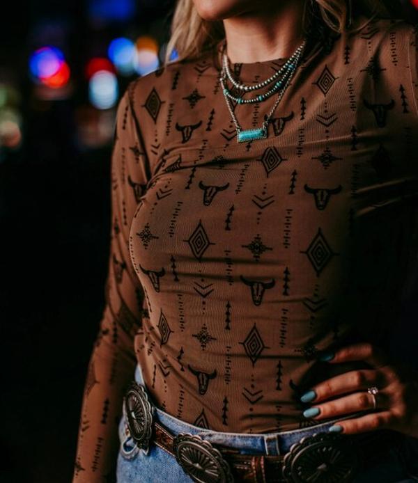 Brown Aztec Steer Sheer Top See Through Mesh Top