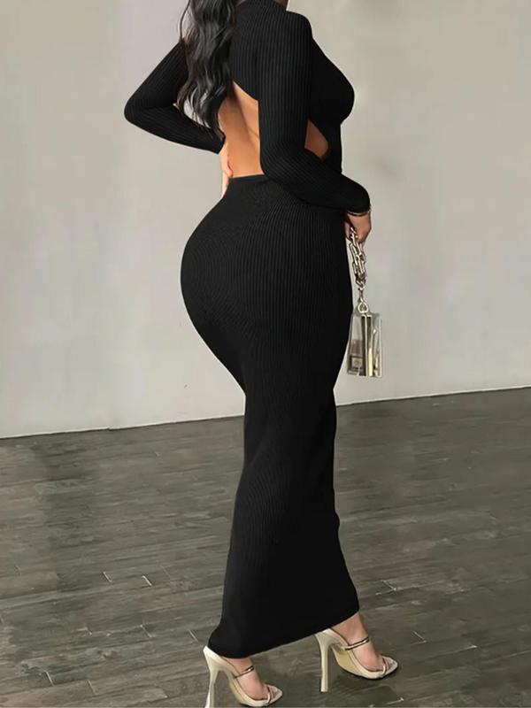 Women's Plain Cut Out Backless Bodycon Dress, Elegant Long Sleeve Round Neck Long Dress for Party Holiday Wedding Guest, Ladies Fall & Winter Clothes