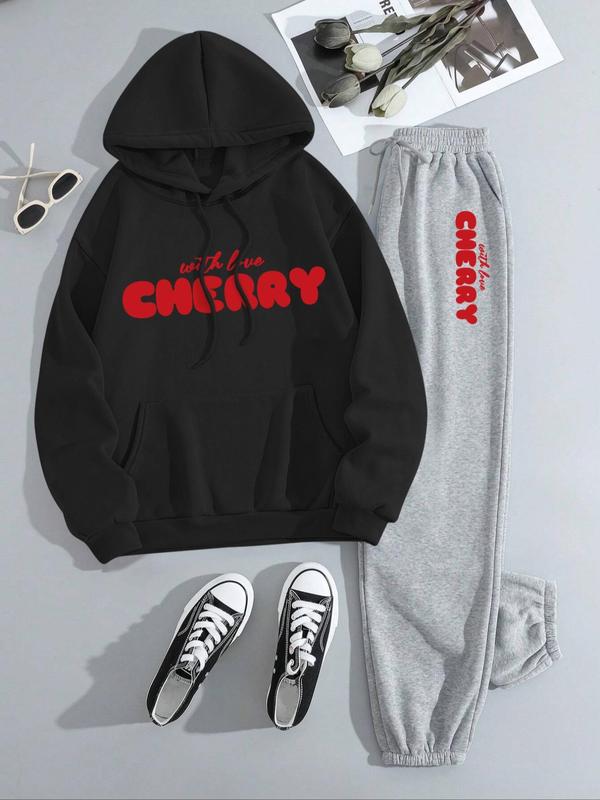 Two-piece Set Women's Cherry and Letter Print Thermal Lined Hoodie & Drawstring Waist Sweatpants, Casual Fashion Cozy Breathable Two Piece Outfits for Daily Wear, Sweatsuits for Women, Ladies Fall & Winter Clothes