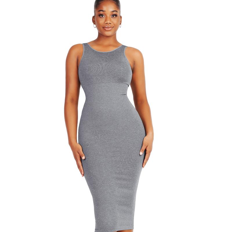 Soo slick Tummy control waist snatching Midi dress with removable padding I Shapewear dress with reversible neckline bodyshaper high neck and scoop neck | sleeveless sculpting bodycone Womenswear Underwear Lady Compression Comfort Basic Minimalist