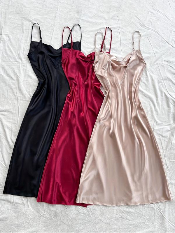 Women's Solid Backless Split Thigh Satin Cami Nightdress, Adjustable Spaghetti Strap Nightgown, Women Nightwear, Women's Sleepwear for Fall & Winter