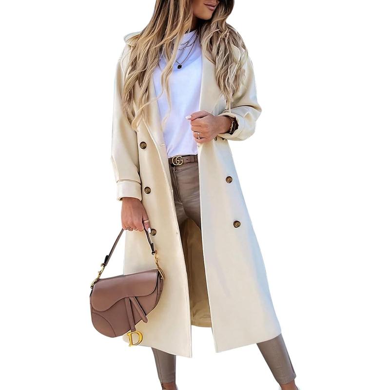 Fisoew Women's Long Coat Notched Lapel Collar Double Breasted Pea Coat Winter Elegant Wool Blend Over Coats Jackets NX2274