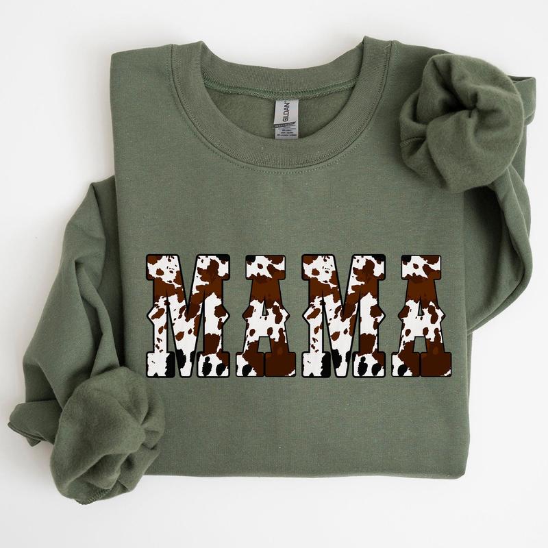 Mama, Cow Print, Western, Country, Varsity, Retro, Vintage Sweatshirt, Crew Neck, Women's, Crewneck