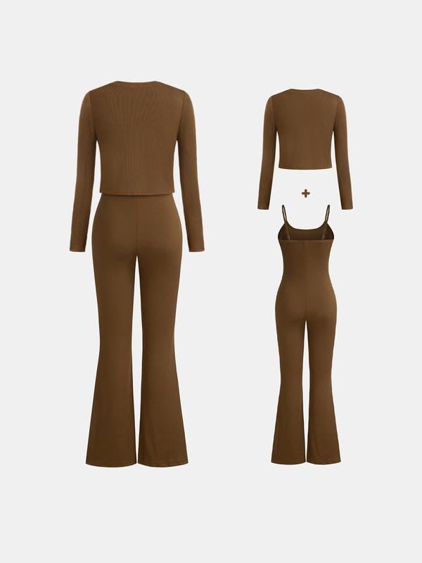 YOZY Two-Piece Set Women's Solid Ribbed Set, Casual Button Front V Neck Long Sleeve Top & Cami Flare Leg Jumpsuit Set for Daily Wear, Ladies Two-Piece Outfits for All Seasons