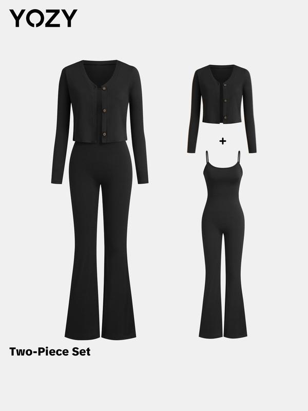 YOZY Two-Piece Set Women's Solid Ribbed Set, Casual Button Front V Neck Long Sleeve Top & Cami Flare Leg Jumpsuit Set for Daily Wear, Ladies Two-Piece Outfits for All Seasons