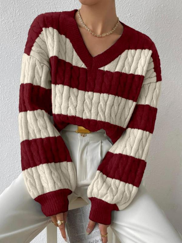 Women's Simple Striped Print Balloon Sleeve V Neck Cable Knit Sweater, Fall Outfits, Fallfreshness Lady Casual Comfortable Loose Long Sleeve Drop Shoulder Knitted Jumper, Korean Style Knit Vintage Clothing, Womenswear Knitwear for Fall, Preppy 80s Clothes