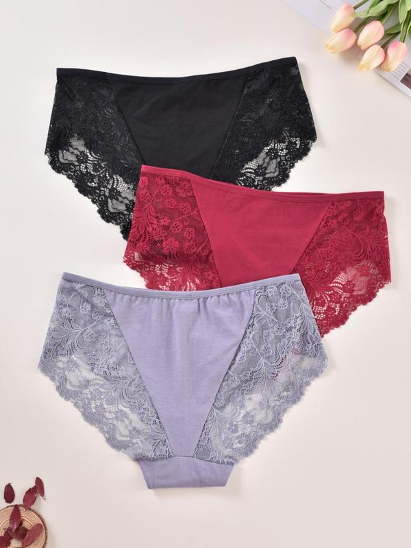 Plus 3pcs Floral Lace High Waist Knicker, Soft Comfy Breathable Panty For Daily Wear, Women's Underwear Bottoms For All Seasons