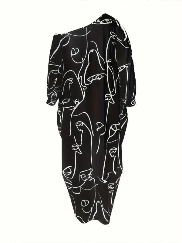  All Over Abstract Print Tee Maxi Dresses 2024, Casual Long Sleeve Asymmetrical Neck T-shirt Dress, Back To School Outfits, Women's Clothes, Birthday Dresses 2024, Plus Size Fall Clothing