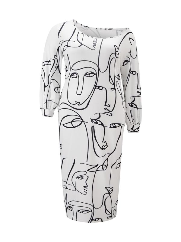  All Over Abstract Print Tee Maxi Dresses 2024, Casual Long Sleeve Asymmetrical Neck T-shirt Dress, Back To School Outfits, Women's Clothes, Birthday Dresses 2024, Plus Size Fall Clothing