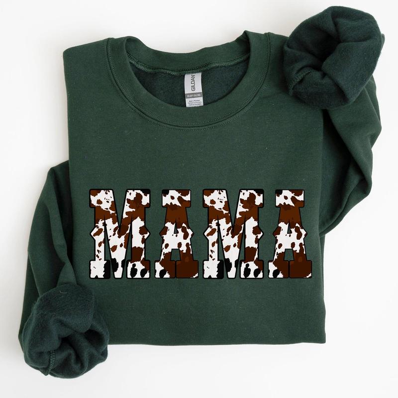 Mama, Cow Print, Western, Country, Varsity, Retro, Vintage Sweatshirt, Crew Neck, Women's, Crewneck