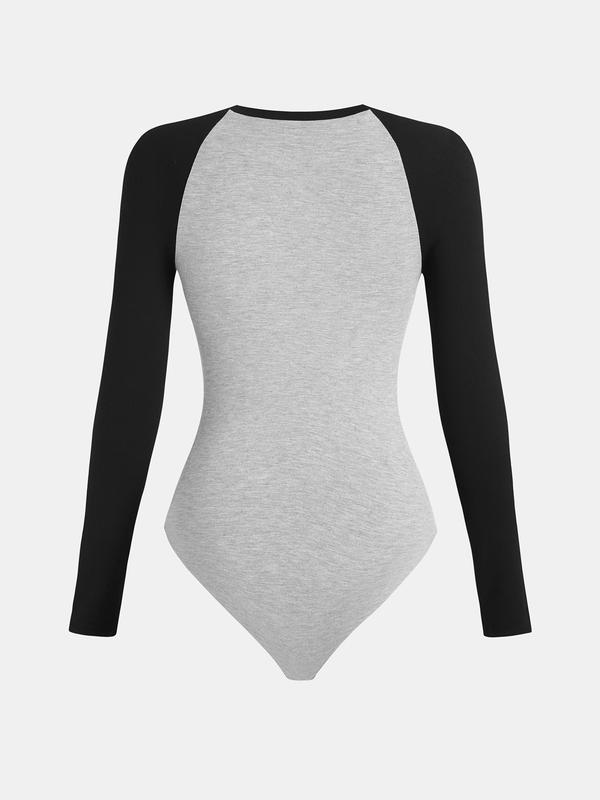 YOZY Women's Colorblock Raglan Sleeve One-piece Bodysuit, Casual Long Sleeve Round Neck Bodysuit for Daily Wear, Ladies Clothes for All Seasons