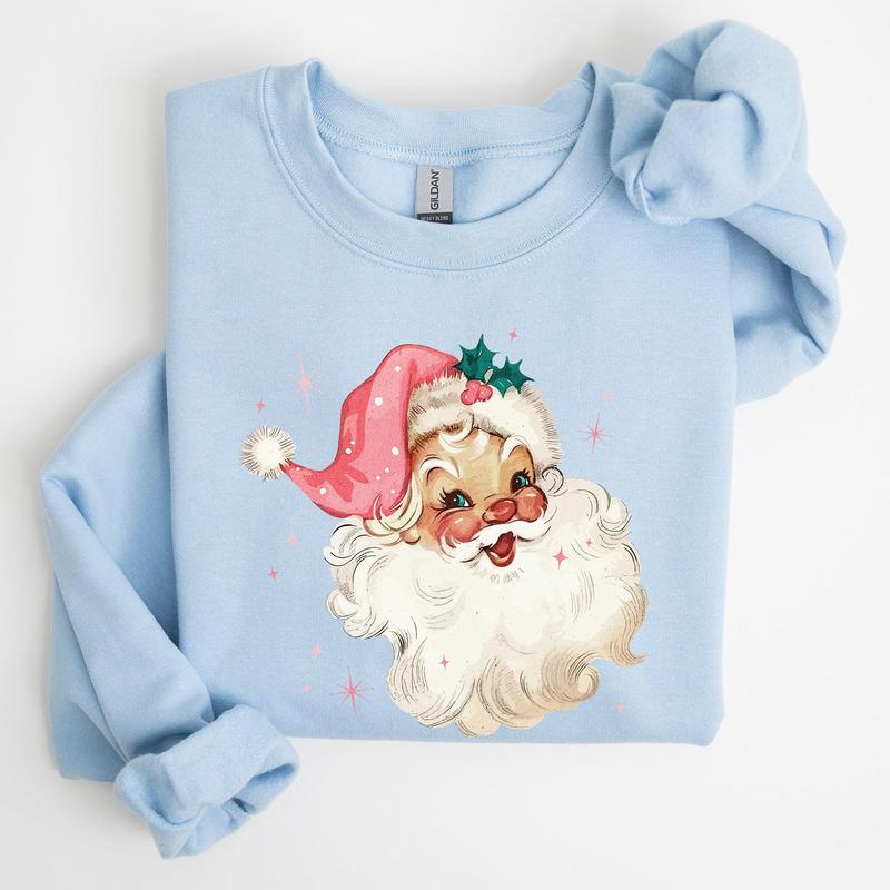 Retro Santa, Pink Christmas Sparkles, Vintage, Winter, Snow, Xmas Sweatshirt, Women's Crew Neck, Crewneck