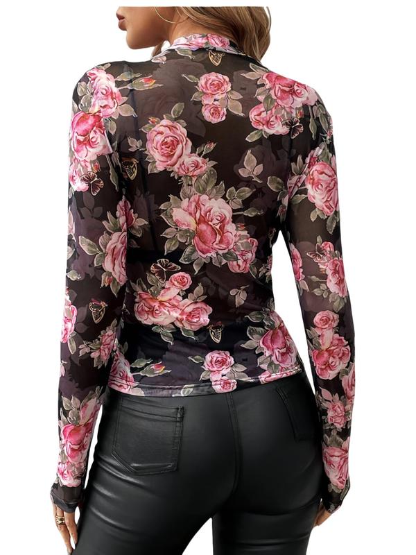 Women's Floral Print Sheer Tulle Tight Sleeve Tee, Elegant Long Sleeve Round Neck Top for Daily Wear, Ladies Clothes for All Seasons