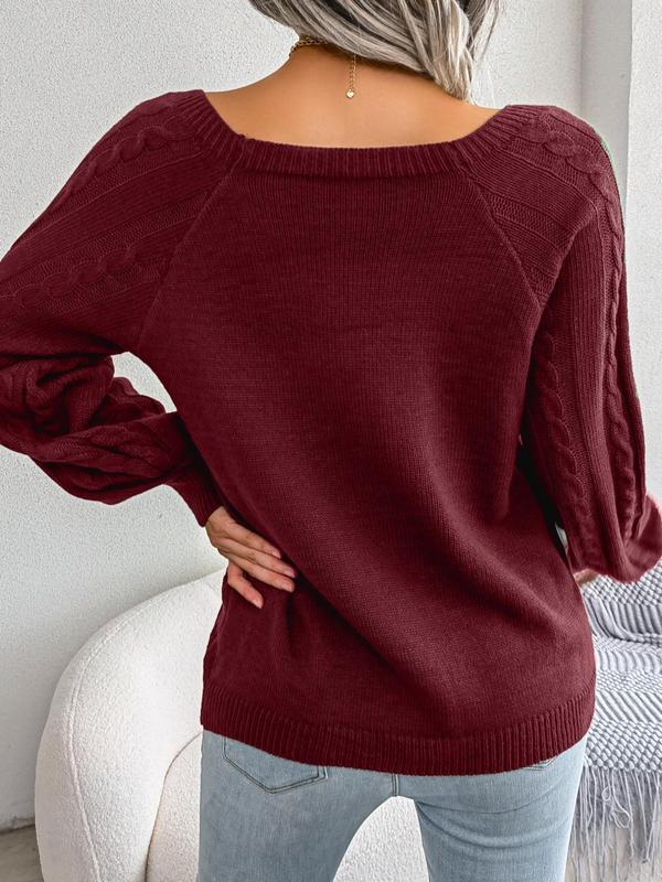 Plus Size Solid Color Cable Knit Sweater, Casual Long Sleeve Boat Neck Jumper for Fall & Winter, Women's Plus Clothing for Daily Wear