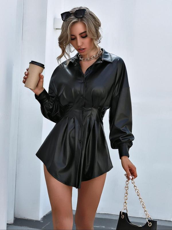 Women's Solid Button Front Curved Hem PU Leather Shirt Dress, Fashion Casual Drop Shoulder Long Sleeve Dress for Party Club Dating, Ladies Dress for All Seasons