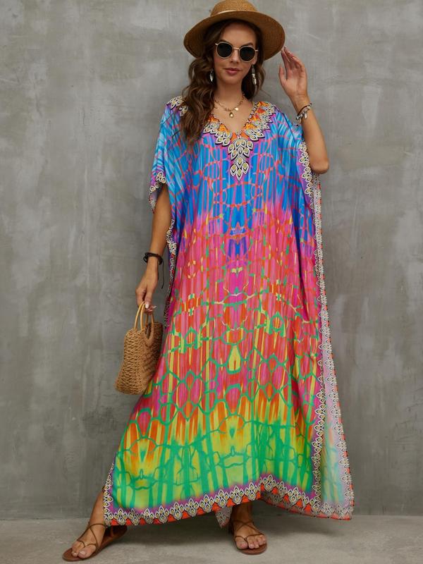 Women's All Over Print Batwing Sleeve Side Split Kaftan Dress, Summer Clothes Women, Casual Printed Half Sleeve V Neck Loose Dress, Women's Dress For Summer