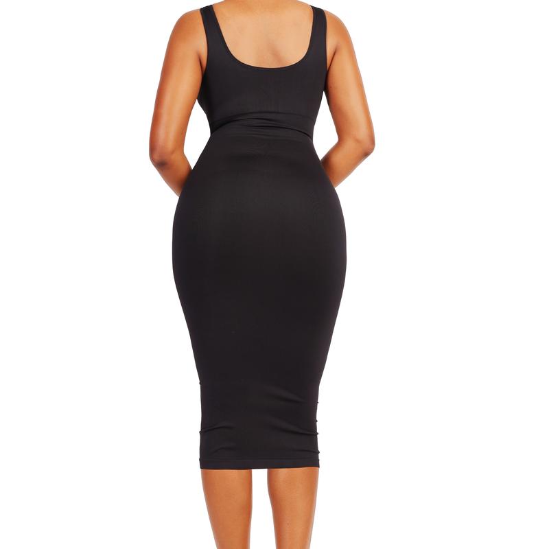 Soo slick Tummy control waist snatching Midi dress with removable padding I Shapewear dress with reversible neckline bodyshaper high neck and scoop neck | sleeveless sculpting bodycone Womenswear Underwear Lady Compression Comfort Basic Minimalist