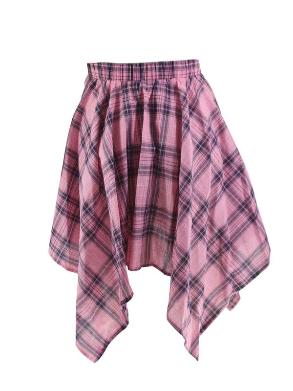 Women's Plaid Print Knot Front Asymmetrical Hem A Line  Short Skirts , Retro Elastic Waist Knee Length Skirt for Daily Wear, Graphic Skirts, Ladies Bottoms for All Seasons