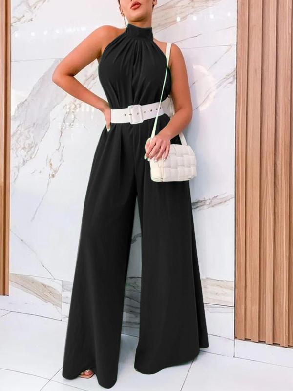 Women's Solid Backless Pleated Wide Leg Jumpsuit, Casual Sleeveless Halter Jumpsuit for Daily Wear, Ladies Clothes for All Seasons