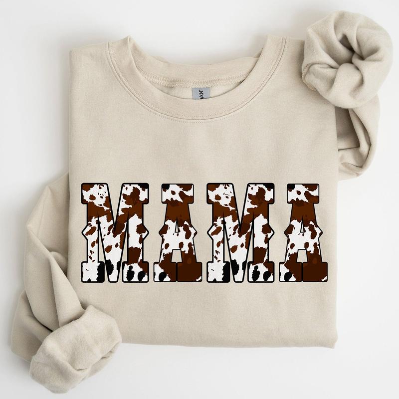 Mama, Cow Print, Western, Country, Varsity, Retro, Vintage Sweatshirt, Crew Neck, Women's, Crewneck