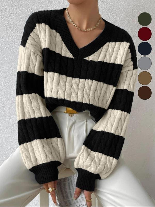 Women's Simple Striped Print Balloon Sleeve V Neck Cable Knit Sweater, Fall Outfits, Fallfreshness Lady Casual Comfortable Loose Long Sleeve Drop Shoulder Knitted Jumper, Korean Style Knit Vintage Clothing, Womenswear Knitwear for Fall, Preppy 80s Clothes