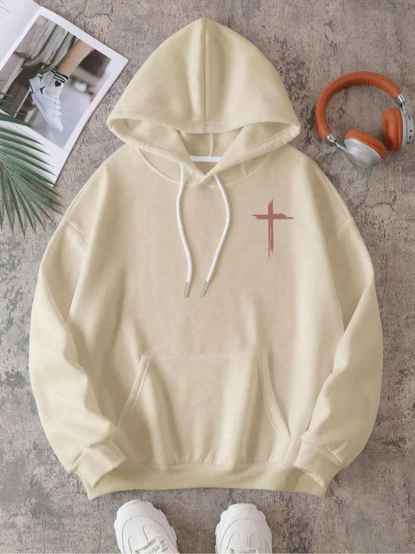 Women's Letter & Cross Print Drop Shoulder Hoodie, Fashion Casual Drawstring Pocket Hooded Sweatshirt for Daily Holiday Outdoor Wear, Women Clothing for Fall & Winter