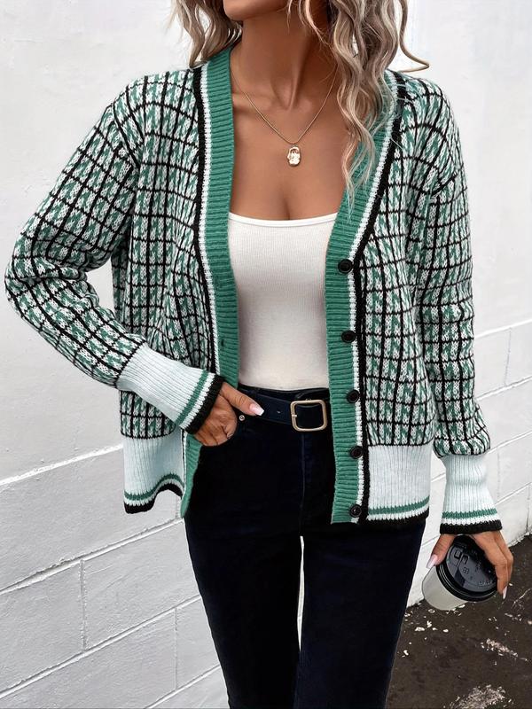 Women's All Over Print Button Front Cardigan, Womenswear Fitted Knitting Tops, Comfort Breathable Casual Drop Shoulder Longsleeves Knitwear for Fall, Fall Outfits, Fallfreshness, Preppy 80s Clothes