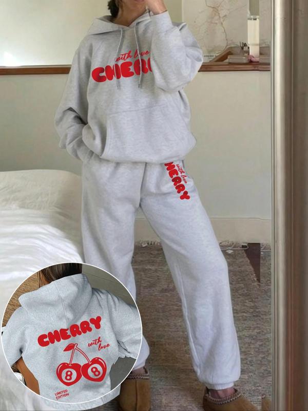 Two-piece Set Women's Cherry and Letter Print Thermal Lined Hoodie & Drawstring Waist Sweatpants, Casual Fashion Cozy Breathable Two Piece Outfits for Daily Wear, Sweatsuits for Women, Ladies Fall & Winter Clothes