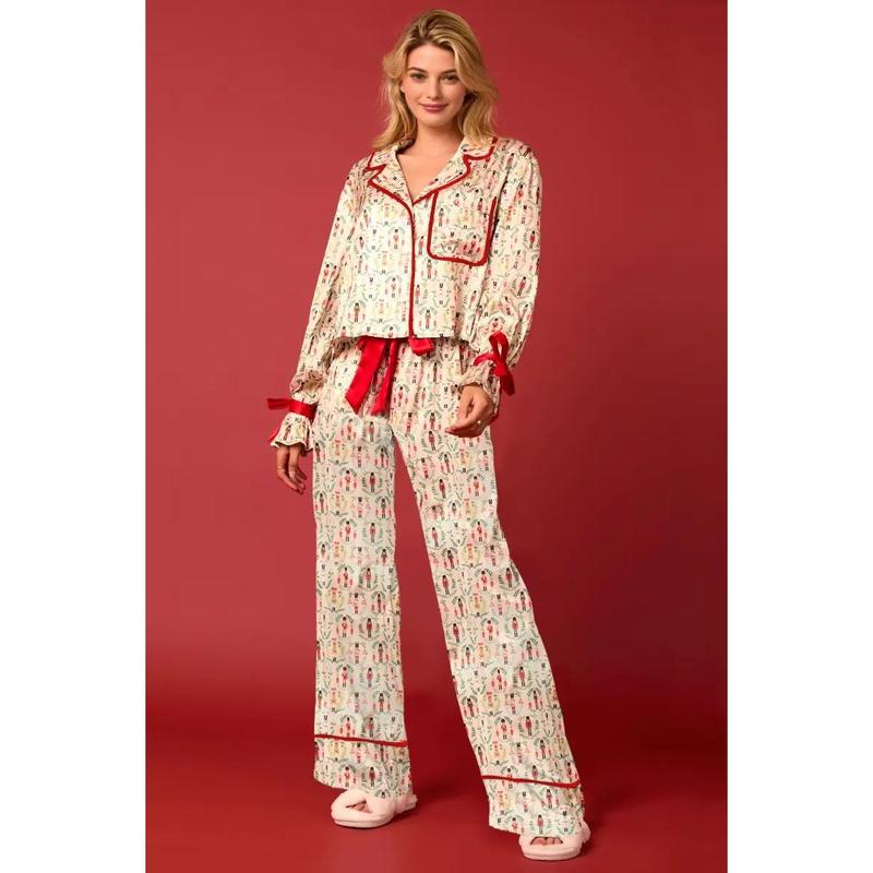 Cute Christmas Pajamas Women Bow Tie Long Sleeve Shirt Pants Pj Set Xmas Graphic Print 2 Piece Satin Sleepwear Comfort Loungewear