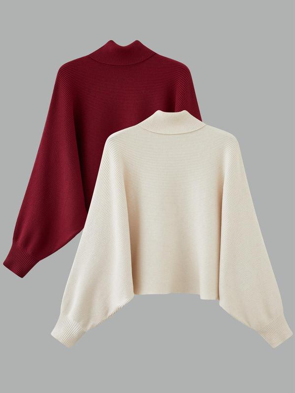 Women's Solid Color Batwing Sleeve Turtleneck Sweater, Casual Long Sleeve Jumper for Fall & Winter, Fashion Ladies' Knitwear for Daily Wear