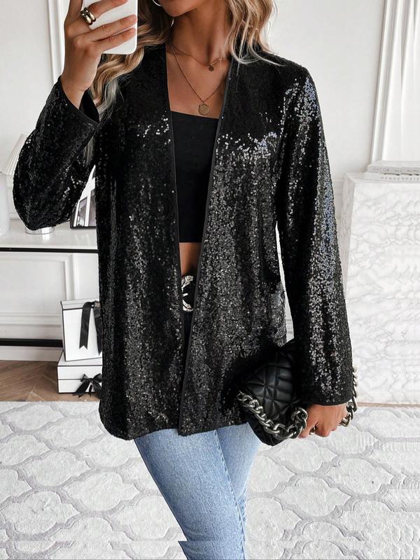 Women's Glitter Sequins Drop Shoulder Open Front Coat, Elegant Fashion Long Sleeve Outerwear for Daily Outdoor Party Wear, Ladies Clothes for All Seasons, Jackets for Women, Coats for Winter Women 2024