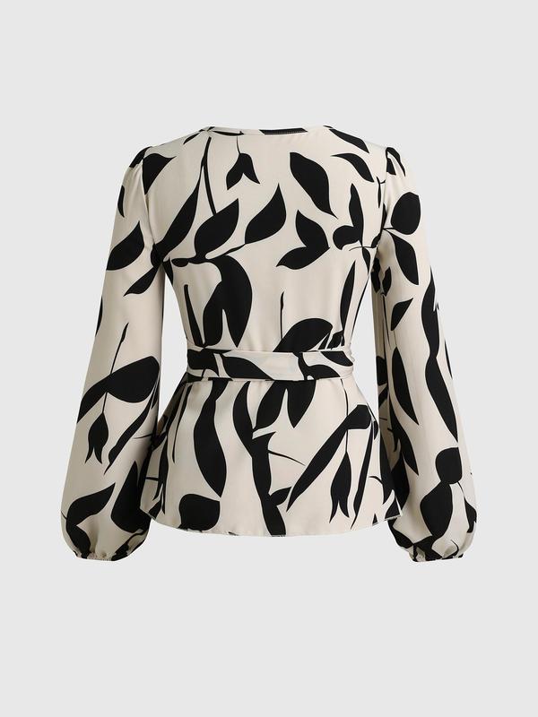 YOZY Women's All Over Print Wrap Belted Blouse, Casual Bishop Sleeve V Neck Top for Daily Wear, Ladies Clothes for All Seasons