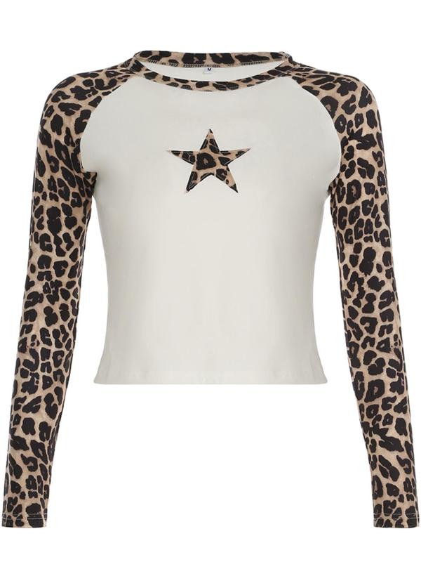 Women's Leopard & Star Print Raglan Sleeve Tee, Casual Long Sleeve Round Neck T-shirt for Fall & Winter, Women's Clothing for Daily Wear