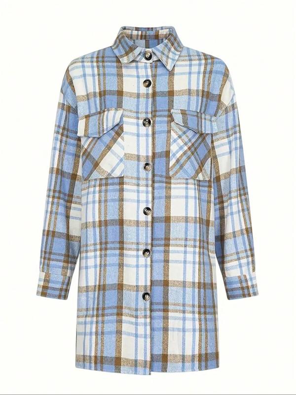 Women's Plaid Print Button Front Drop Shoulder Long Shirt, Casual Long Sleeve Flap Pocket Collared Top for Fall & Winter, Women's Clothes for Daily Wear