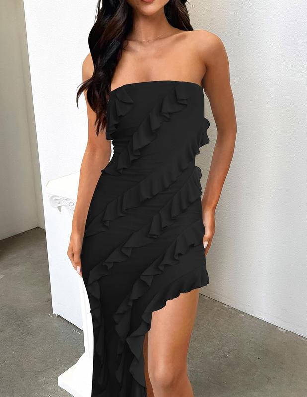 ZESICA Women's 2024 Strapless Bodycon Dress Sexy Off Shoulder Mesh Tassel Ruffle Side Split Tube Party Maxi Dresses Formal Womenswear Lady Formal Wear