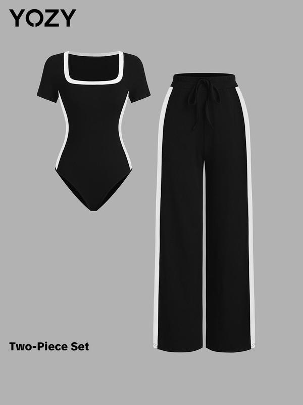 YOZY Women's Contrast Binding Bodysuit & Drawstring Waist Pants Two-piece Set, Casual Fashion Cozy Square Neck Short Sleeve Bodysuit & Trousers for Daily Outdoor Wear, Ladies Clothes for All Seasons