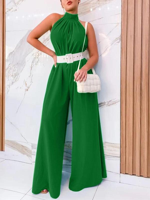 Women's Solid Backless Pleated Wide Leg Jumpsuit, Casual Sleeveless Halter Jumpsuit for Daily Wear, Ladies Clothes for All Seasons