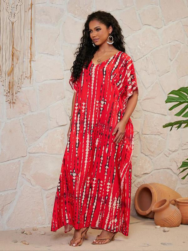  Tie Dye Print Batwing Sleeve Split Hem Tunic Dress, Boho Casual V Neck Half Sleeve Long Dress for Summer Beach Holiday Vacation, Dresses for Women, Women's Clothes for Daily Wear